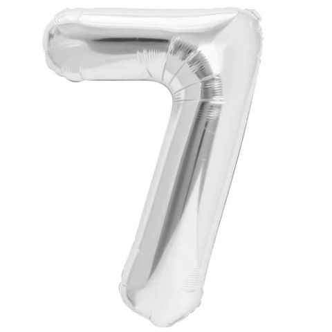 Cifre - Balon din Folie Metalizata Flippy, Figurina Cifra, Tema Aniversare 40 cm, Ambalaj Individual, Pai inclus, Umflare cu Aer sau Heliu, Argintiu, Cifra 7