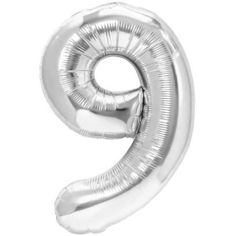 Cifre - Balon din Folie Metalizata Flippy, Figurina Cifra, Tema Aniversare 40 cm, Ambalaj Individual, Pai inclus, Umflare cu Aer sau Heliu, Argintiu, Cifra 9