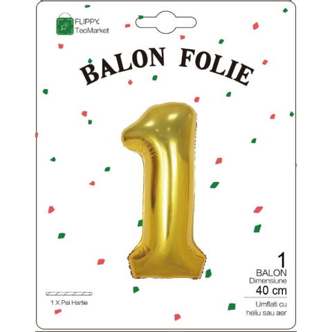 Cifre - Balon din Folie Metalizata Flippy, Figurina Cifra, Tema Aniversare 40 cm, Ambalaj Individual, Pai inclus, Umflare cu Aer sau Heliu, Auriu, Cifra 1