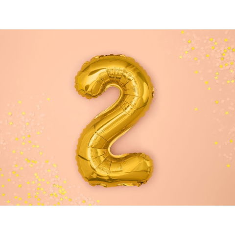Cifre - Balon din Folie Metalizata Flippy, Figurina Cifra, Tema Aniversare 40 cm, Ambalaj Individual, Pai inclus, Umflare cu Aer sau Heliu, Auriu, Cifra 2