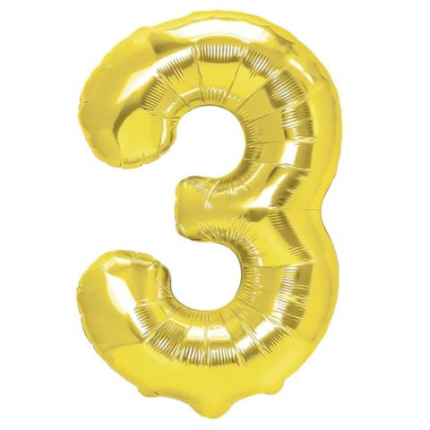 Cifre - Balon din Folie Metalizata Flippy, Figurina Cifra, Tema Aniversare 40 cm, Ambalaj Individual, Pai inclus, Umflare cu Aer sau Heliu, Auriu, Cifra 3