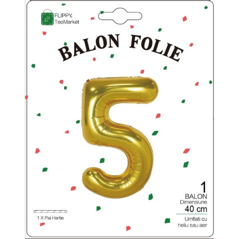 Cifre - Balon din Folie Metalizata Flippy, Figurina Cifra, Tema Aniversare 40 cm, Ambalaj Individual, Pai inclus, Umflare cu Aer sau Heliu, Auriu, Cifra 5