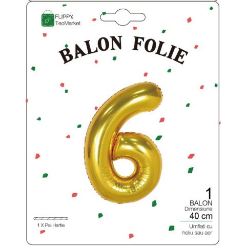 Cifre - Balon din Folie Metalizata Flippy, Figurina Cifra, Tema Aniversare 40 cm, Ambalaj Individual, Pai inclus, Umflare cu Aer sau Heliu, Auriu, Cifra 6