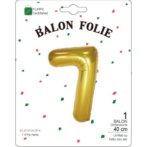 Cifre - Balon din Folie Metalizata Flippy, Figurina Cifra, Tema Aniversare 40 cm, Ambalaj Individual, Pai inclus, Umflare cu Aer sau Heliu, Auriu, Cifra 7