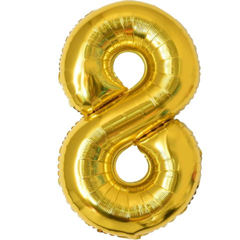 Cifre - Balon din Folie Metalizata Flippy, Figurina Cifra, Tema Aniversare 40 cm, Ambalaj Individual, Pai inclus, Umflare cu Aer sau Heliu, Auriu, Cifra 8
