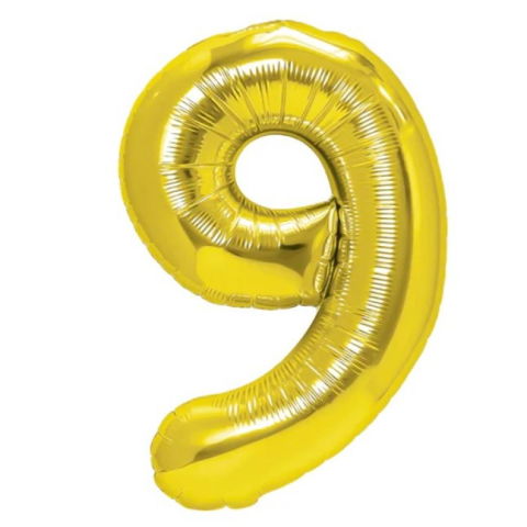 Cifre - Balon din Folie Metalizata Flippy, Figurina Cifra, Tema Aniversare 40 cm, Ambalaj Individual, Pai inclus, Umflare cu Aer sau Heliu, Auriu, Cifra 9