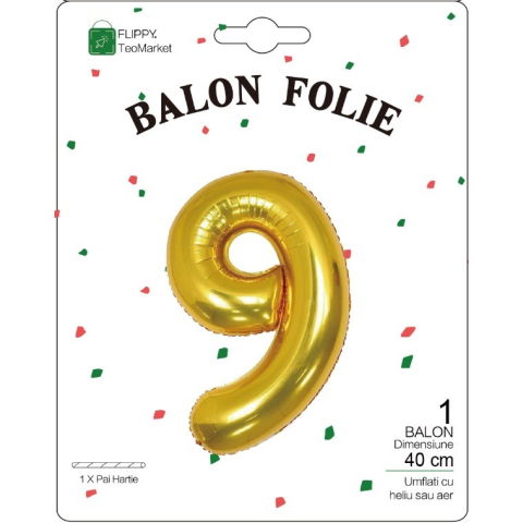 Cifre - Balon din Folie Metalizata Flippy, Figurina Cifra, Tema Aniversare 40 cm, Ambalaj Individual, Pai inclus, Umflare cu Aer sau Heliu, Auriu, Cifra 9