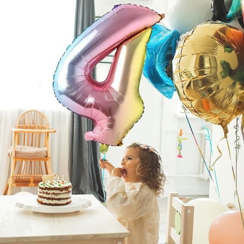 Cifre - Balon din Folie Metalizata Flippy, Figurina Cifra, Tema Aniversare 40 cm, Ambalaj Individual, Pai inclus, Umflare cu Aer sau Heliu, Multicolor, Cifra 4