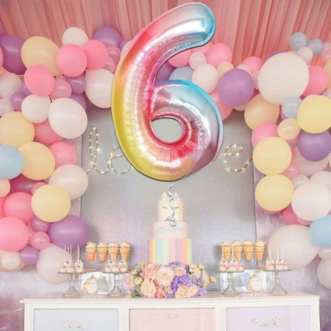 Cifre - Balon din Folie Metalizata Flippy, Figurina Cifra, Tema Aniversare 40 cm, Ambalaj Individual, Pai inclus, Umflare cu Aer sau Heliu, Multicolor, Cifra 6