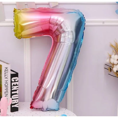Cifre - Balon din Folie Metalizata Flippy, Figurina Cifra, Tema Aniversare 40 cm, Ambalaj Individual, Pai inclus, Umflare cu Aer sau Heliu, Multicolor, Cifra 7