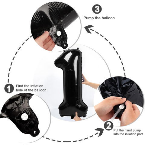 Cifre - Balon din Folie Metalizata Flippy, Figurina Cifra, Tema Aniversare 40 cm, Ambalaj Individual, Pai inclus, Umflare cu Aer sau Heliu, Negru, Cifra 1