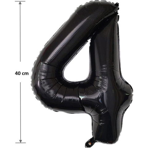 Cifre - Balon din Folie Metalizata Flippy, Figurina Cifra, Tema Aniversare 40 cm, Ambalaj Individual, Pai inclus, Umflare cu Aer sau Heliu, Negru, Cifra 4