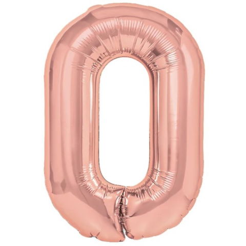 Cifre - Balon din Folie Metalizata Flippy, Figurina Cifra, Tema Aniversare 40 cm, Ambalaj Individual, Pai inclus, Umflare cu Aer sau Heliu, Rose Gold, Cifra 0