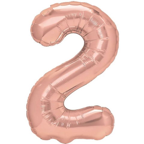 Cifre - Balon din Folie Metalizata Flippy, Figurina Cifra, Tema Aniversare 40 cm, Ambalaj Individual, Pai inclus, Umflare cu Aer sau Heliu, Rose Gold, Cifra 2