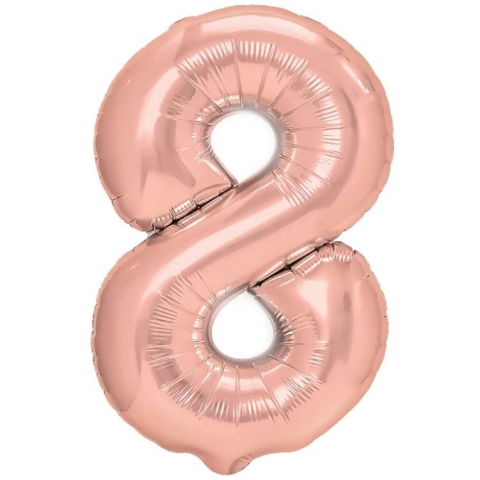 Cifre - Balon din Folie Metalizata Flippy, Figurina Cifra, Tema Aniversare 40 cm, Ambalaj Individual, Pai inclus, Umflare cu Aer sau Heliu, Rose Gold, Cifra 8