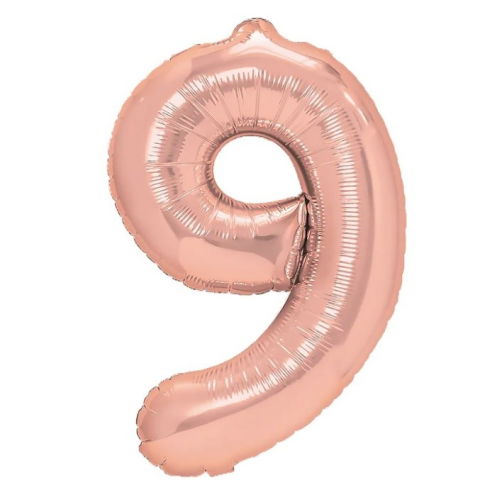Cifre - Balon din Folie Metalizata Flippy, Figurina Cifra, Tema Aniversare 40 cm, Ambalaj Individual, Pai inclus, Umflare cu Aer sau Heliu, Rose Gold, Cifra 9