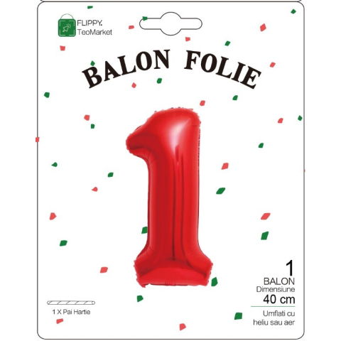 Cifre - Balon din Folie Metalizata Flippy, Figurina Cifra, Tema Aniversare 40 cm, Ambalaj Individual, Pai inclus, Umflare cu Aer sau Heliu, Rosu, Cifra 1