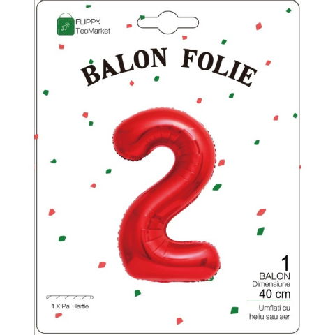 Cifre - Balon din Folie Metalizata Flippy, Figurina Cifra, Tema Aniversare 40 cm, Ambalaj Individual, Pai inclus, Umflare cu Aer sau Heliu, Rosu, Cifra 2