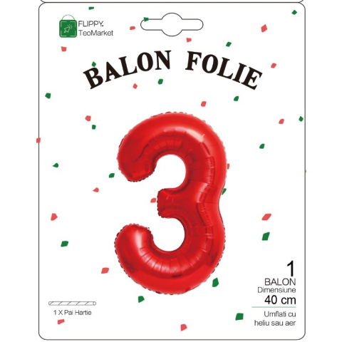 Cifre - Balon din Folie Metalizata Flippy, Figurina Cifra, Tema Aniversare 40 cm, Ambalaj Individual, Pai inclus, Umflare cu Aer sau Heliu, Rosu, Cifra 3