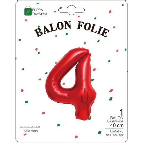 Cifre - Balon din Folie Metalizata Flippy, Figurina Cifra, Tema Aniversare 40 cm, Ambalaj Individual, Pai inclus, Umflare cu Aer sau Heliu, Rosu, Cifra 4