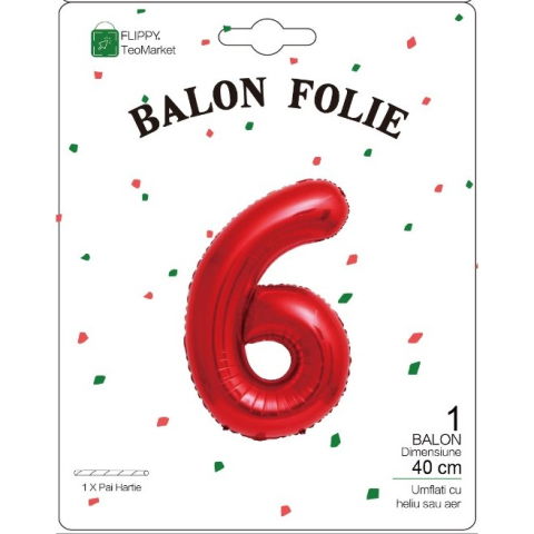 Cifre - Balon din Folie Metalizata Flippy, Figurina Cifra, Tema Aniversare 40 cm, Ambalaj Individual, Pai inclus, Umflare cu Aer sau Heliu, Rosu, Cifra 6