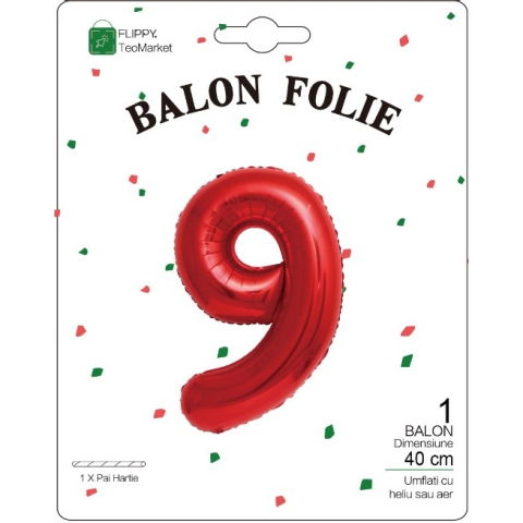 Cifre - Balon din Folie Metalizata Flippy, Figurina Cifra, Tema Aniversare 40 cm, Ambalaj Individual, Pai inclus, Umflare cu Aer sau Heliu, Rosu, Cifra 9