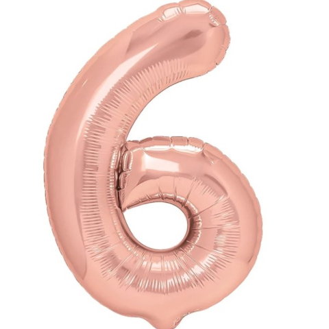 Cifre - Balon din Folie Metalizata Flippy, Figurina Cifra, Tema Aniversare 40 cm, Ambalaj Individual, Pai inclus, Umflare cu Aer sau Heliu, Roz Gold, Cifra 6