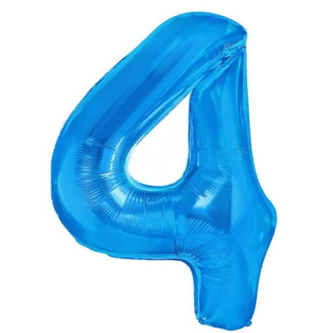 Cifre - Balon din Folie Metalizata, Flippy, Figurina Cifra, Tema Aniversare 80 cm, Ambalaj Individual, Pai inclus, Umflare cu Aer sau Heliu, Albastru, Cifra 4