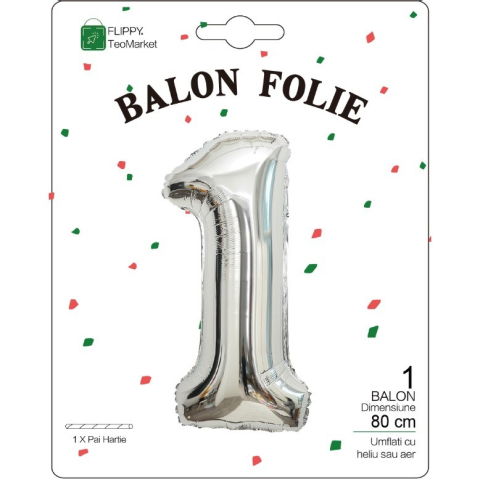 Cifre - Balon din Folie Metalizata, Flippy, Figurina Cifra, Tema Aniversare 80 cm, Ambalaj Individual, Pai inclus, Umflare cu Aer sau Heliu, Argintiu, Cifra 1