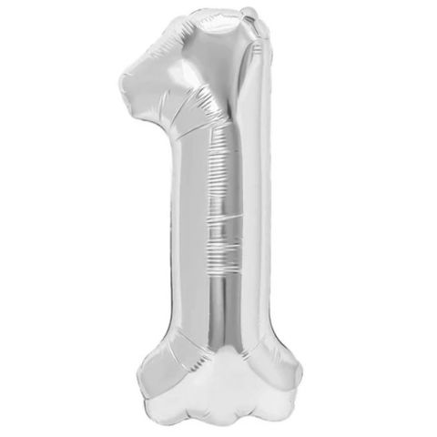 Cifre - Balon din Folie Metalizata, Flippy, Figurina Cifra, Tema Aniversare 80 cm, Ambalaj Individual, Pai inclus, Umflare cu Aer sau Heliu, Argintiu, Cifra 1