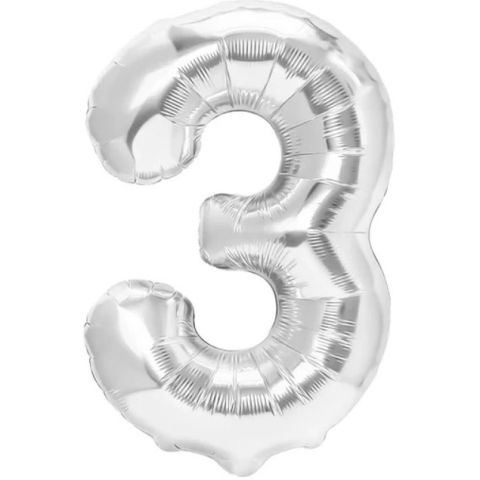 Cifre - Balon din Folie Metalizata, Flippy, Figurina Cifra, Tema Aniversare 80 cm, Ambalaj Individual, Pai inclus, Umflare cu Aer sau Heliu, Argintiu, Cifra 3