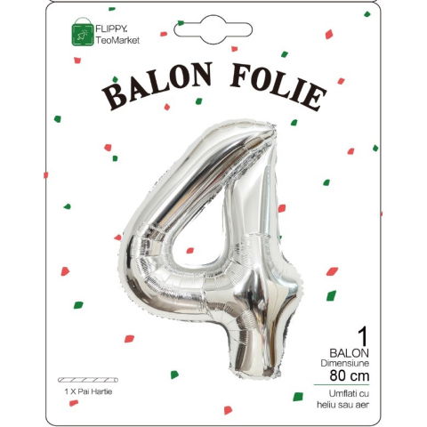 Cifre - Balon din Folie Metalizata, Flippy, Figurina Cifra, Tema Aniversare 80 cm, Ambalaj Individual, Pai inclus, Umflare cu Aer sau Heliu, Argintiu, Cifra 4