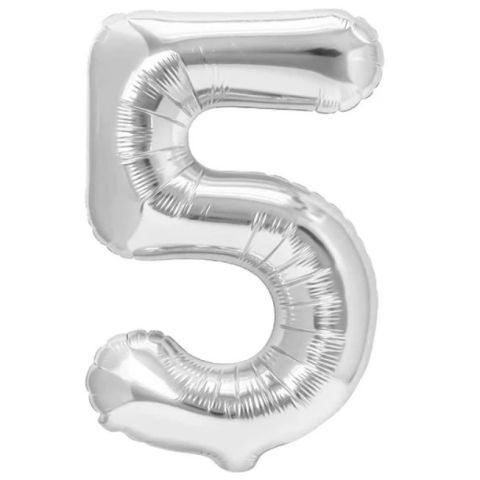 Cifre - Balon din Folie Metalizata, Flippy, Figurina Cifra, Tema Aniversare 80 cm, Ambalaj Individual, Pai inclus, Umflare cu Aer sau Heliu, Argintiu, Cifra 5