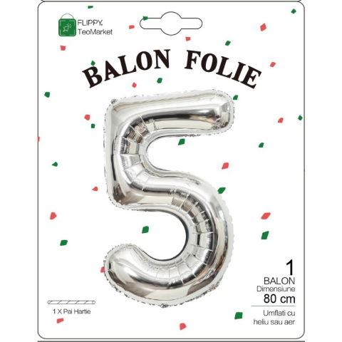 Cifre - Balon din Folie Metalizata, Flippy, Figurina Cifra, Tema Aniversare 80 cm, Ambalaj Individual, Pai inclus, Umflare cu Aer sau Heliu, Argintiu, Cifra 5