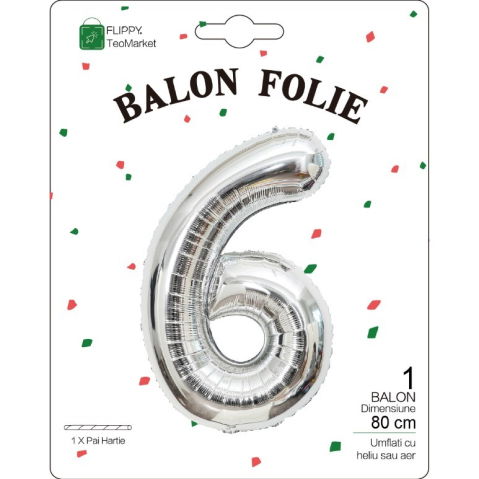 Cifre - Balon din Folie Metalizata, Flippy, Figurina Cifra, Tema Aniversare 80 cm, Ambalaj Individual, Pai inclus, Umflare cu Aer sau Heliu, Argintiu, Cifra 6