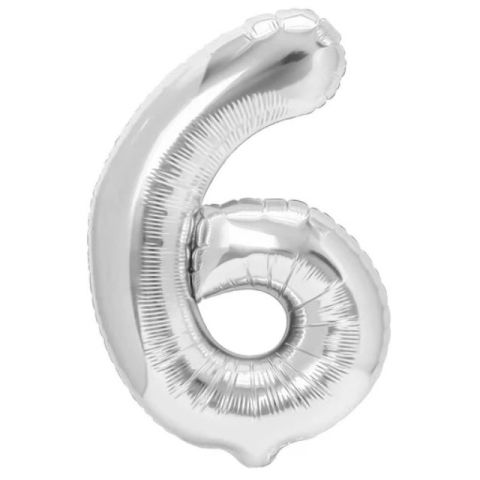 Cifre - Balon din Folie Metalizata, Flippy, Figurina Cifra, Tema Aniversare 80 cm, Ambalaj Individual, Pai inclus, Umflare cu Aer sau Heliu, Argintiu, Cifra 6