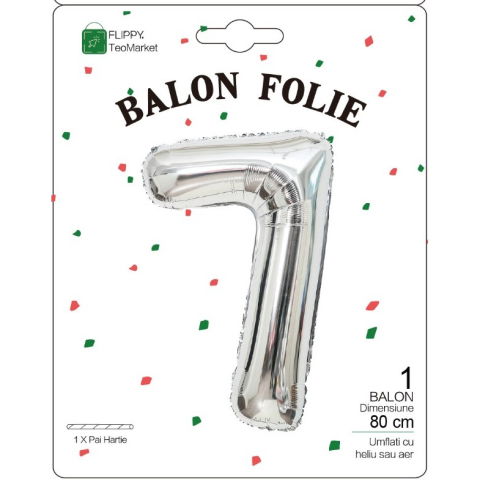 Cifre - Balon din Folie Metalizata, Flippy, Figurina Cifra, Tema Aniversare 80 cm, Ambalaj Individual, Pai inclus, Umflare cu Aer sau Heliu, Argintiu, Cifra 7