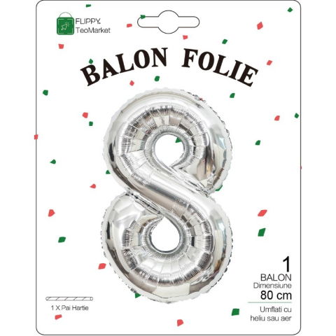 Cifre - Balon din Folie Metalizata, Flippy, Figurina Cifra, Tema Aniversare 80 cm, Ambalaj Individual, Pai inclus, Umflare cu Aer sau Heliu, Argintiu, Cifra 8