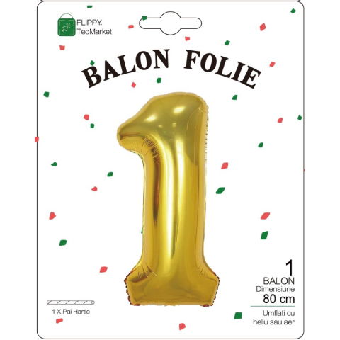 Cifre - Balon din Folie Metalizata Flippy, Figurina Cifra, Tema Aniversare 80 cm, Ambalaj Individual, Pai inclus, Umflare cu Aer sau Heliu, Auriu, Cifra 1