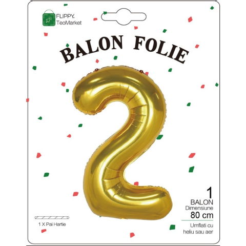 Cifre - Balon din Folie Metalizata Flippy, Figurina Cifra, Tema Aniversare 80 cm, Ambalaj Individual, Pai inclus, Umflare cu Aer sau Heliu, Auriu, Cifra 2