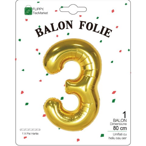 Cifre - Balon din Folie Metalizata Flippy, Figurina Cifra, Tema Aniversare 80 cm, Ambalaj Individual, Pai inclus, Umflare cu Aer sau Heliu, Auriu, Cifra 3