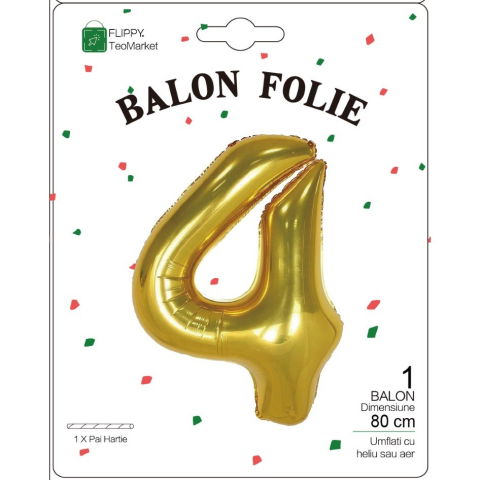 Cifre - Balon din Folie Metalizata Flippy, Figurina Cifra, Tema Aniversare 80 cm, Ambalaj Individual, Pai inclus, Umflare cu Aer sau Heliu, Auriu, Cifra 4