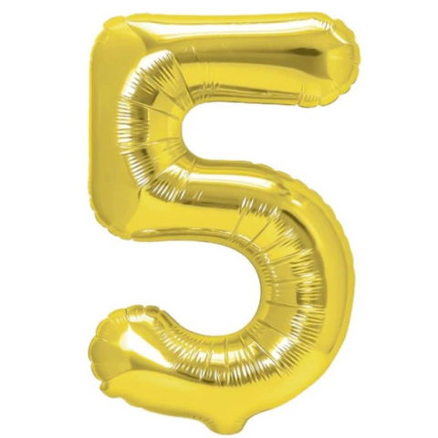 Cifre - Balon din Folie Metalizata Flippy, Figurina Cifra, Tema Aniversare 80 cm, Ambalaj Individual, Pai inclus, Umflare cu Aer sau Heliu, Auriu, Cifra 5