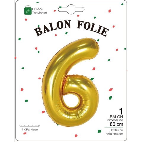 Cifre - Balon din Folie Metalizata Flippy, Figurina Cifra, Tema Aniversare 80 cm, Ambalaj Individual, Pai inclus, Umflare cu Aer sau Heliu, Auriu, Cifra 6