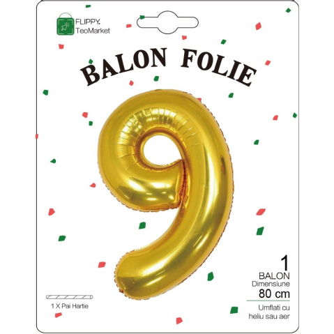 Cifre - Balon din Folie Metalizata Flippy, Figurina Cifra, Tema Aniversare 80 cm, Ambalaj Individual, Pai inclus, Umflare cu Aer sau Heliu, Auriu, Cifra 9