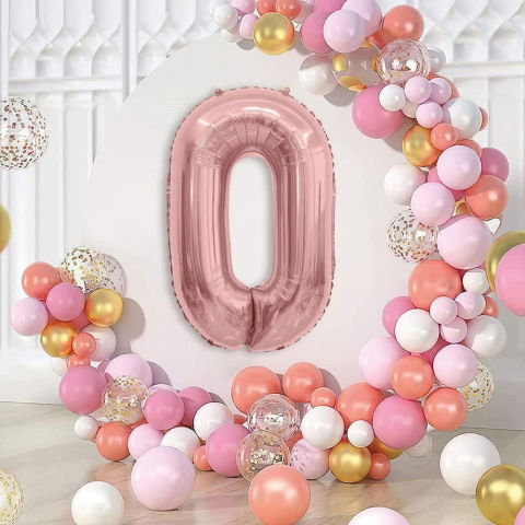 Cifre - Balon din Folie Metalizata Flippy, Figurina Cifra, Tema Aniversare 80 cm, Ambalaj Individual, Pai inclus, Umflare cu Aer sau Heliu, Rose, Cifra 0