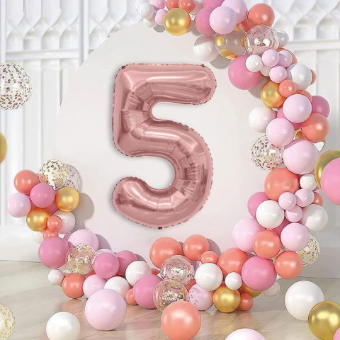 Cifre - Balon din Folie Metalizata Flippy, Figurina Cifra, Tema Aniversare 80 cm, Ambalaj Individual, Pai inclus, Umflare cu Aer sau Heliu, Rose, Cifra 5