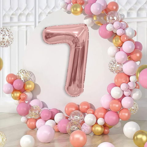 Cifre - Balon din Folie Metalizata Flippy, Figurina Cifra, Tema Aniversare 80 cm, Ambalaj Individual, Pai inclus, Umflare cu Aer sau Heliu, Rose, Cifra 7