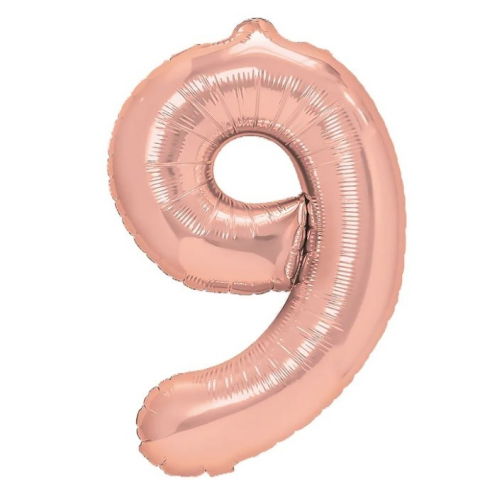 Cifre - Balon din Folie Metalizata Flippy, Figurina Cifra, Tema Aniversare 80 cm, Ambalaj Individual, Pai inclus, Umflare cu Aer sau Heliu, Rose Gold, Cifra 9
