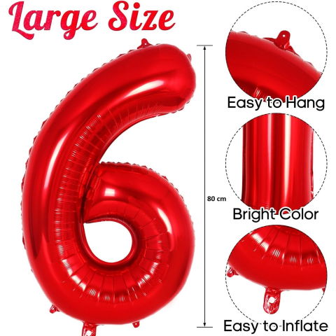 Cifre - Balon din Folie Metalizata Flippy, Figurina Cifra, Tema Aniversare 80 cm, Ambalaj Individual, Pai inclus, Umflare cu Aer sau Heliu, Rosu, Cifra 6